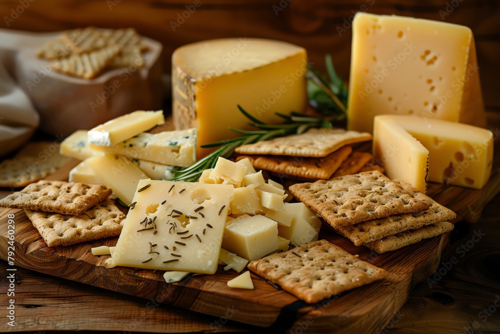 Capture a sumptuous, long shot of a rustic cheese platter with artisanal crackers Showcase a tantalizing selection of aged cheddar, creamy brie, and tangy gouda against a wooden backdrop Craft a warm,