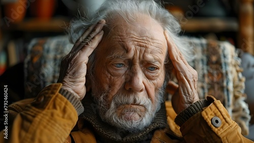 Elderly man experiencing discomfort and stress at home due to a headache. Concept Senior Care, Headache Relief, Home Comfort, Stress Management, Elderly Support,