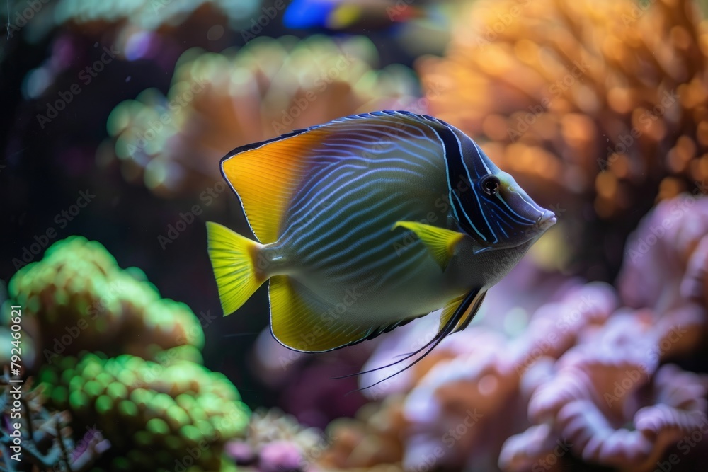 A colorful surgeonfish is gracefully swimming among vibrant coral reefs in a mesmerizing saltwater aquarium display A colorful surgeonfish is gracefully swimming among vibrant coral reefs in a mesmerizing saltwater aquarium display