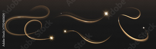 Gold star with magic curve trail on transparent background. Realistic vector illustration set of bright glowing twinkle with flare tail and sparkles. Motion of falling and shooting fairy meteor.