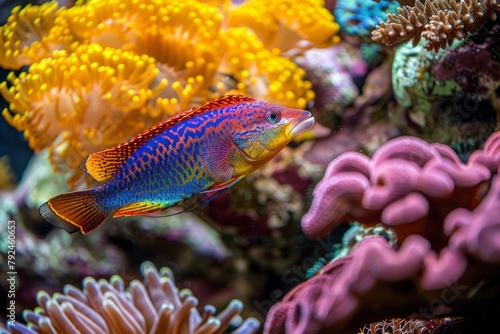 A vibrant wrasse fish is swimming among colorful corals in a saltwater aquarium