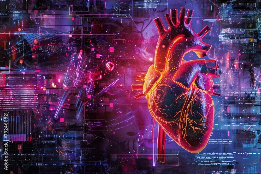 A computer generated image showcasing the intricate details of a human heart fused with technology in a vibrant digital world