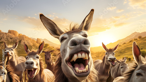 A group of donkeys happy humorous funny transportation with cloudy background
 photo