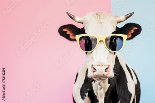 A black and white cow with sunglasses posing in front of a pink and blue backdrop, exuding a playful and fashionable vibe