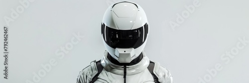 White cyborg robot dressed in a white cyberpunk futuristic racing suit, the robot wears a white futuristic helmet, plain white background © Denis