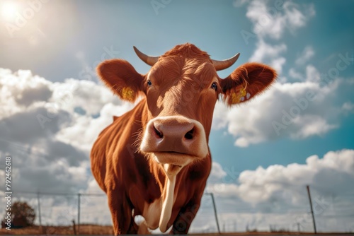 'blue cow background nose sky brown focus closeup snout muzzle agriculture mammal white view day bright head sunny farm1 cloud countryside cute horn farming agricultural up face close cattle rural'