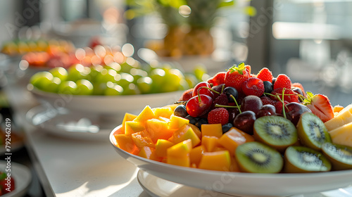 A continental breakfast spread, with colorful fruits as the background, during a sunny morning photo