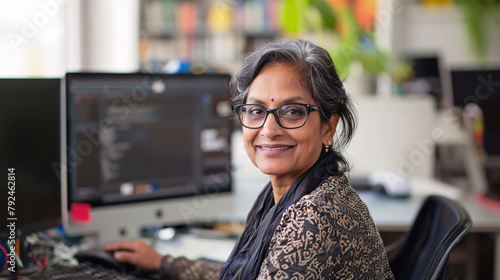 A middle aged indian woman working in office.