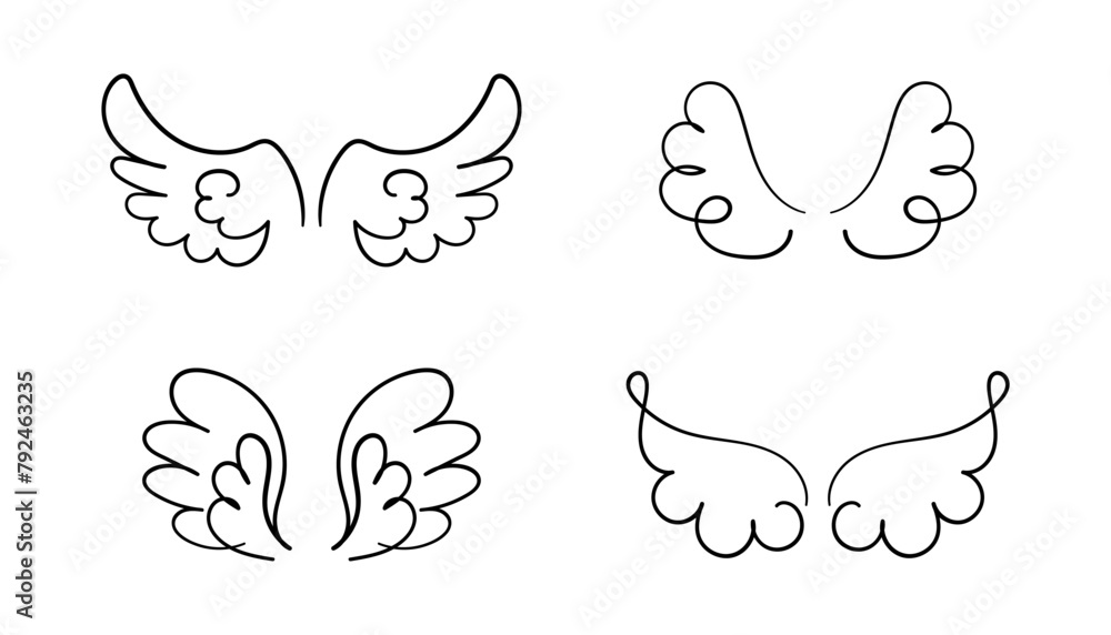 Collection of Wings. Angel wings doodle hand drawn sketch icons. Bird symbols. Wing sketch tattoo, feather falcon contour. Set of Vector illustration isolated on white background Collection of Wings. Angel wings doodle hand drawn sketch icons. Bird symbols. Wing sketch tattoo, feather falcon contour. Set of Vector illustration isolated on white background