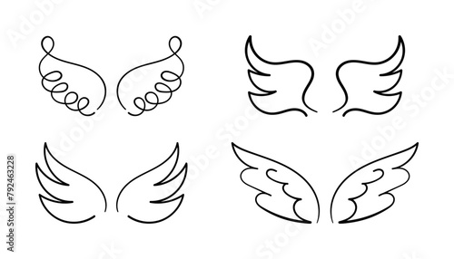 Collection of Wings. Angel wings doodle hand drawn sketch icons. Bird symbols. Wing sketch tattoo, feather falcon contour. Set of Vector  illustration isolated on white background 