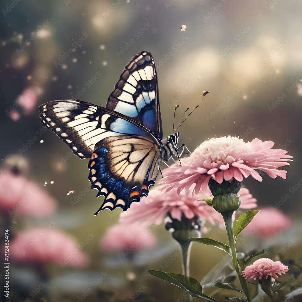 A butterfly is landing on a flower, Dreamy Style A butterfly is landing on a flower, Dreamy Style