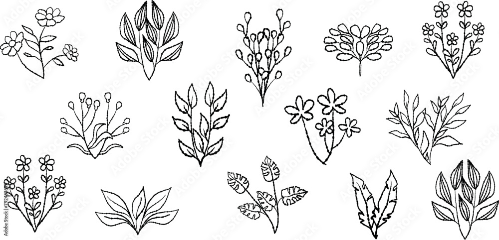 Outline boho branch, flowers and leaves set. Line art decorative plant leaves. Editable stroke eucalyptus, fern, salal, olive foliage floral element. Isolated vector illustration Outline boho branch, flowers and leaves set. Line art decorative plant leaves. Editable stroke eucalyptus, fern, salal, olive foliage floral element. Isolated vector illustration