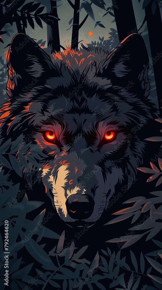 Wolf , Cunning wolf lurking behind shadowy trees Wolf , Cunning wolf lurking behind shadowy trees