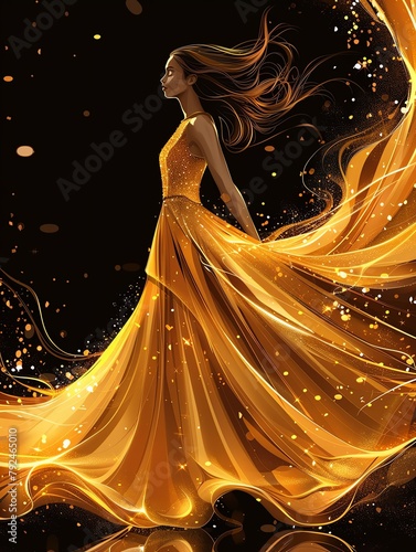 Haute Couture , Elegant runway model in a flowing gold gown on a black stage