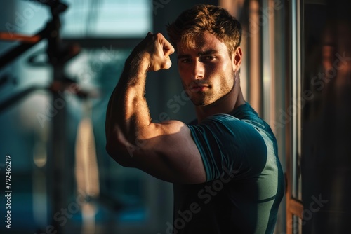A young American man flexing his biceps in a gym with a blurred background and copy space on the right side