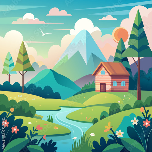 Farm, agriculture rural landscape, village house. Vector horizontal illustration, flat style (10)