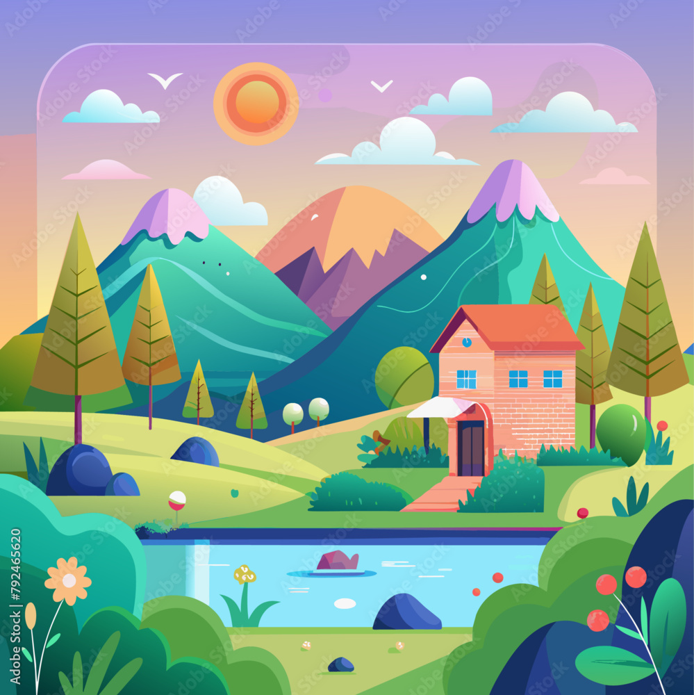 Fototapeta premium Farm, agriculture rural landscape, village house. Vector horizontal illustration, flat style (24)