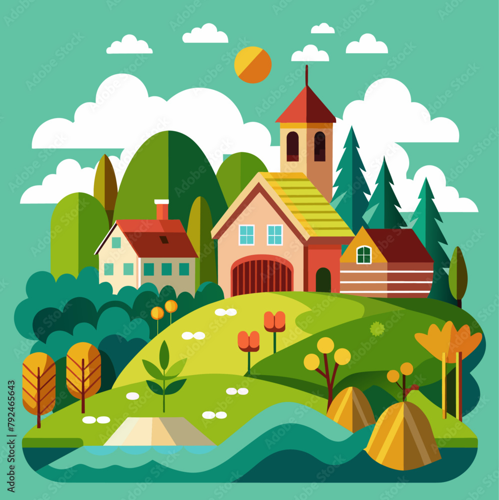 Farm, agriculture rural landscape, village house. Vector horizontal illustration, flat style (28)