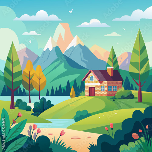 Farm, agriculture rural landscape, village house. Vector horizontal illustration, flat style (30)