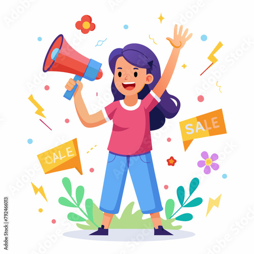 Happy girl holding megaphone shouting loud calls customers (9)