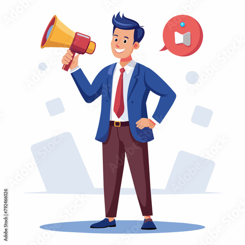 Happy girl holding megaphone shouting loud calls customers (10)