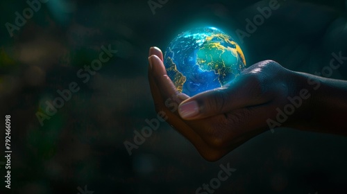 Hand holding a virtual holographic planet Earth, Global Connectivity, Futuristic Technology, Education and Science Industries