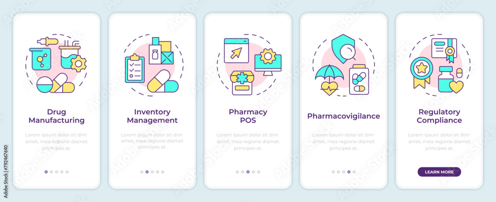 Pharmacy management system onboarding mobile app screen. Walkthrough 5 steps editable graphic instructions with linear concepts. UI, UX, GUI template. Montserrat SemiBold, Regular fonts used