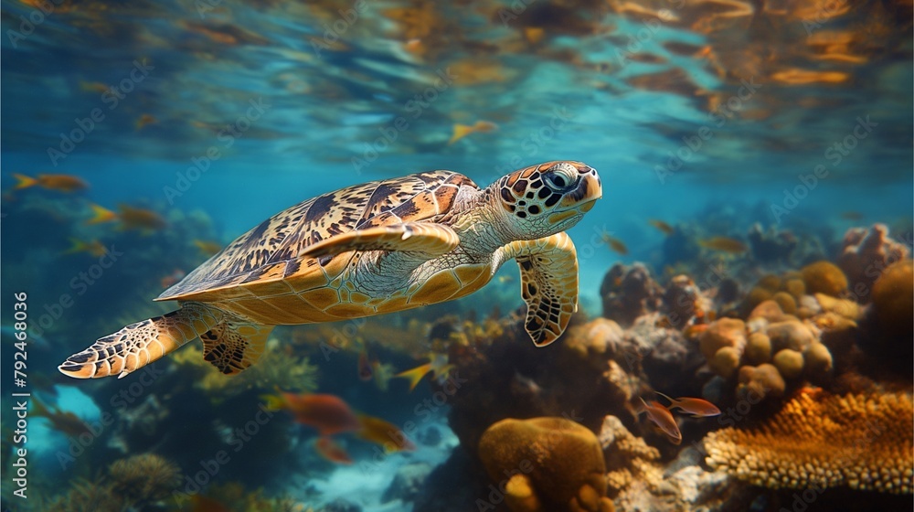 Obraz premium A sea turtle swimming gracefully among vibrant corals in clear blue water.