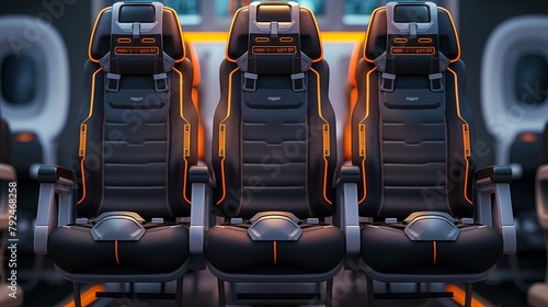 Close-up of three black leather seats with orange upholstery trim, with empty seats, blurred background.Generative AI illustration.