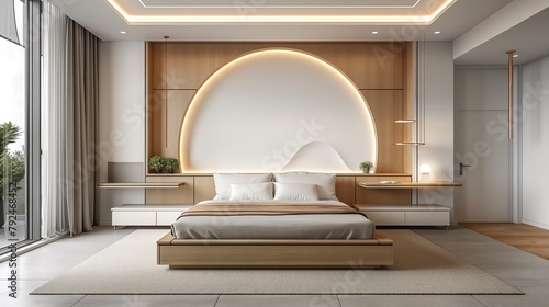 Modern bedroom interior with sofas and furniture designed in a white tone home with beautiful decorative lights on the ceiling.Generative AI illustration.