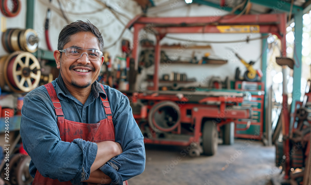 mechanic workshop owner with tools in the background, latino man in his 40s looking at the camera, entrepreneur portrait worker mechanic workshop owner with tools in the background, latino man in his 40s looking at the camera, entrepreneur portrait worker
