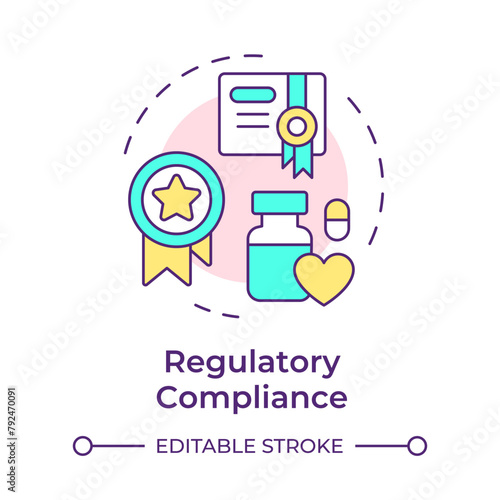 Regulatory compliance multi color concept icon. Industry standard, drug labeling. Medication safety. Round shape line illustration. Abstract idea. Graphic design. Easy to use in infographic, article