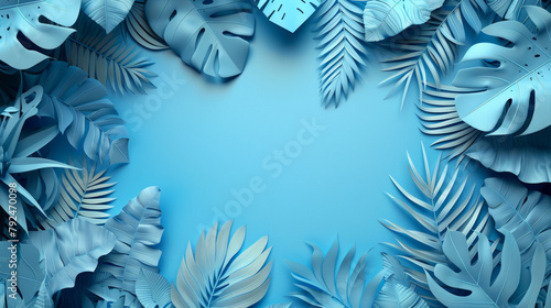 sfondo con foglie tropicali, pianta fogliame in colore azzurro con spazio per testo , sfondo di giungla azzurro photo