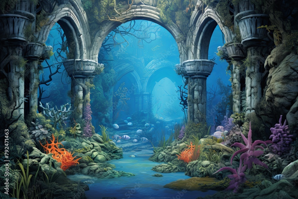 Underwater Oasis Coral Reef Aquarium Backdrops - Tranquil Scene Setters - obrazy, fototapety, plakaty 