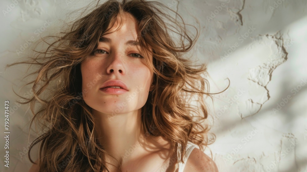 Portrait of a woman with tousled, beachy waves, embodying effortless beauty
