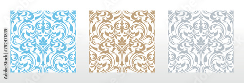 Wallpapers in the style of Baroque. Seamless vector backgrounds. Set of colored floral ornaments. Graphic patterns for fabric, wallpaper, packaging. Ornate Damask flower ornaments