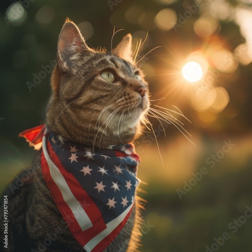 A cat wearing an American flag bandana is sitting in a field, looking up at the sun.
