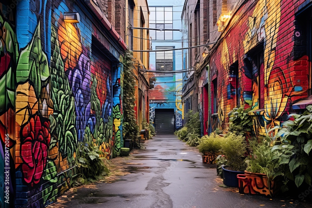 Fototapeta premium Vibrant Urban Street Art Textures: Virtual Tour Highlights of Alleyway Art Scenes