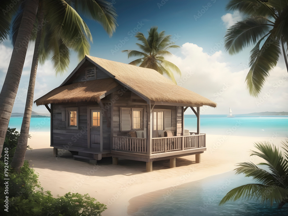 Tropical Paradise. Seaside Cabin Among Palm Trees.