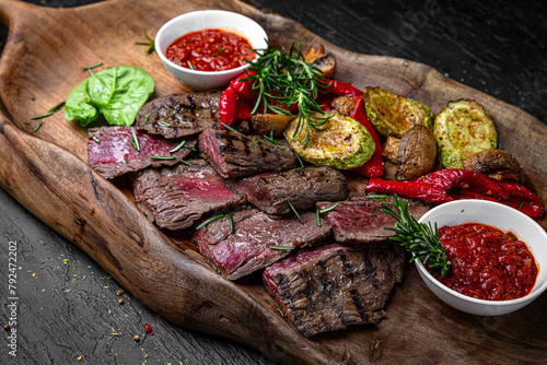  A large plateful of meaty cuts of mildly grilled steak with grilled vegetables. A set for a large company. Menu for a pub on a dark background. Colorful juicy food photography.