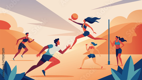 A team of friends engaged in a fierce game of beach volleyball their competitive spirits visible as they dive for the ball.