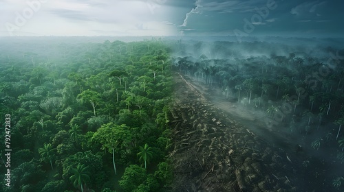 Striking Aerial View of Lush Forest Contrasting with Cleared Land, Highlighting the Harsh Realities of Deforestation © Nadun