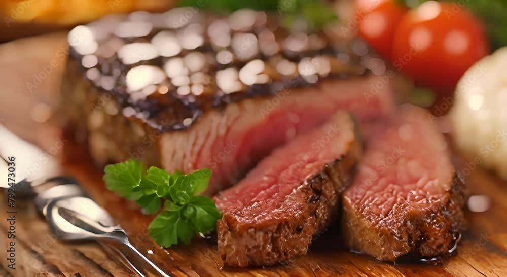 A Close-Up of a Juicy Steak with Herbs A Close-Up of a Juicy Steak with Herbs