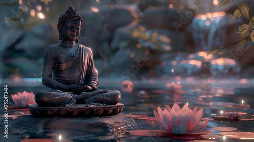 Statue of Buddha amidst pink lotuses on water, with soft golden light and floating petals. Vesak Day