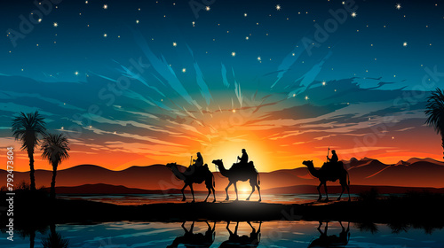 Nativity scene with three wise men on camels at night illustration