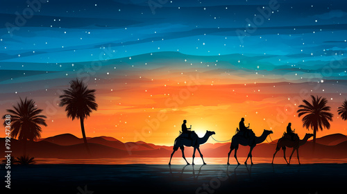 Illustration of people traveling by camel on a starry night