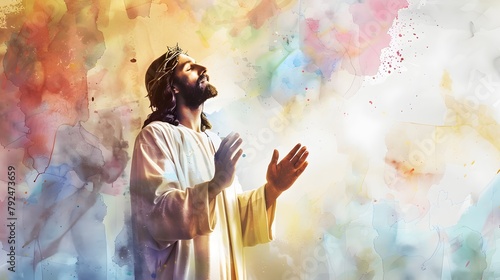 Jesus Christ in worship in front of a watercolor background with copy space