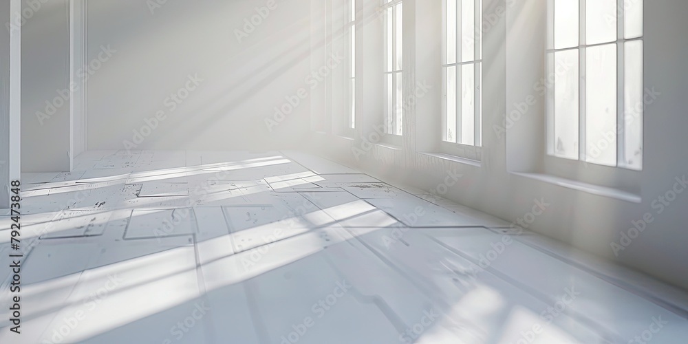 Obraz premium An empty white room with windows, where the soft light reflects gently, casting a serene ambiance within the space.