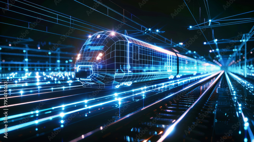 A modern passenger train glides through a tunnel aglow with an array of colorful lights, creating a mesmerizing and magical scene A modern passenger train glides through a tunnel aglow with an array of colorful lights, creating a mesmerizing and magical scene