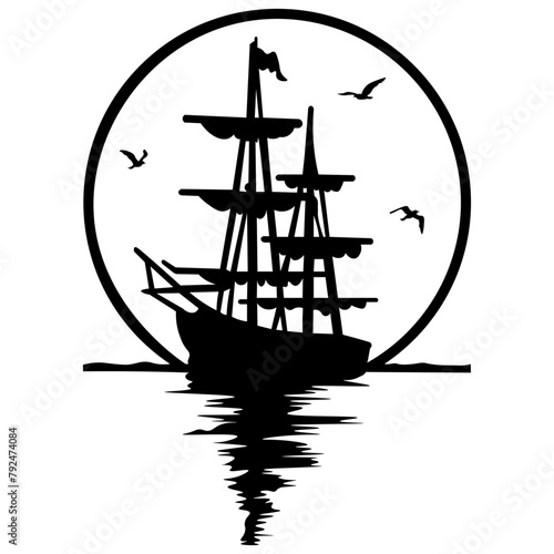 Ship at Sea, Hand Drawn Vector Illustration